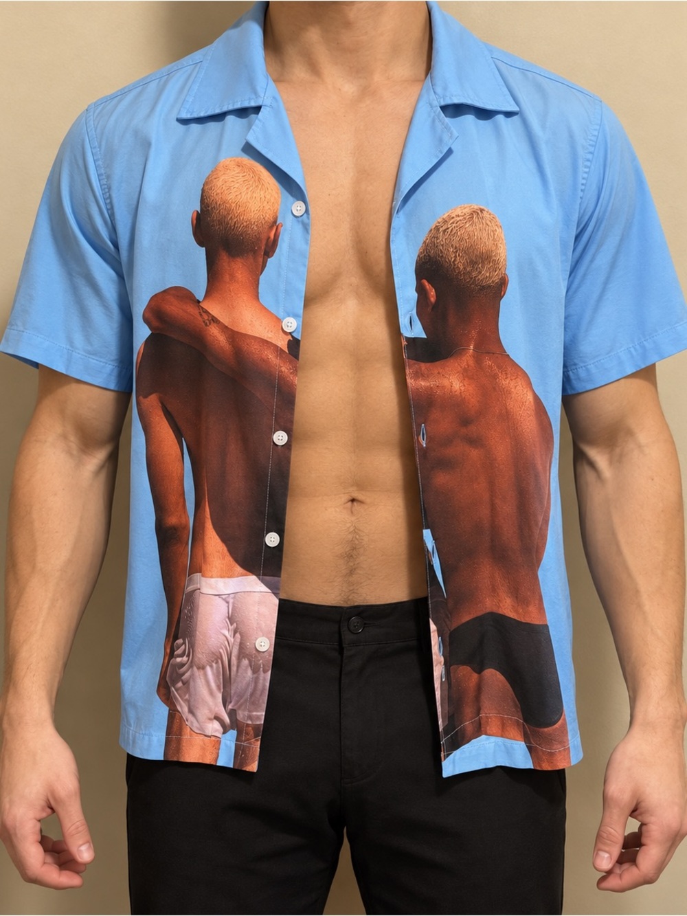 Light Blue Short-Sleeve Photographic Print Oversized Button-Down Shirt